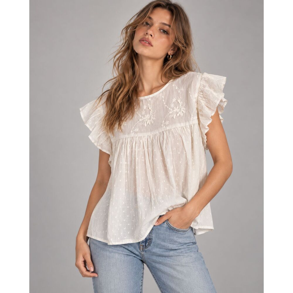 Jessica Simpson Womens White Embroidered Top 0X Plus Flutter Sleeve Babydoll NWT